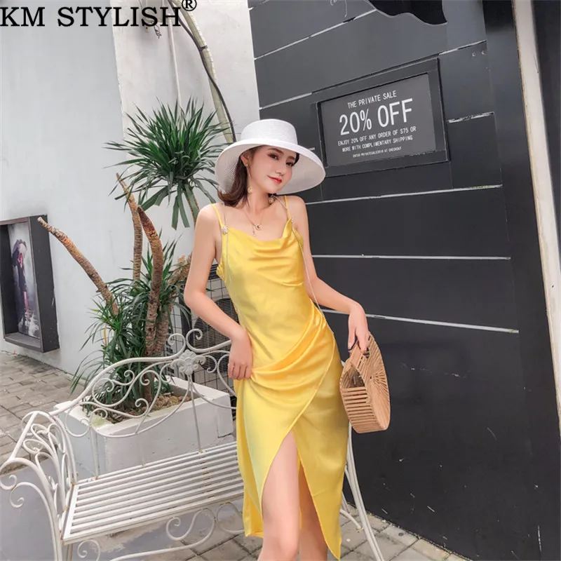 Новинка лета 2019 платье на бретелях спагетти женское Новое цельное атласное