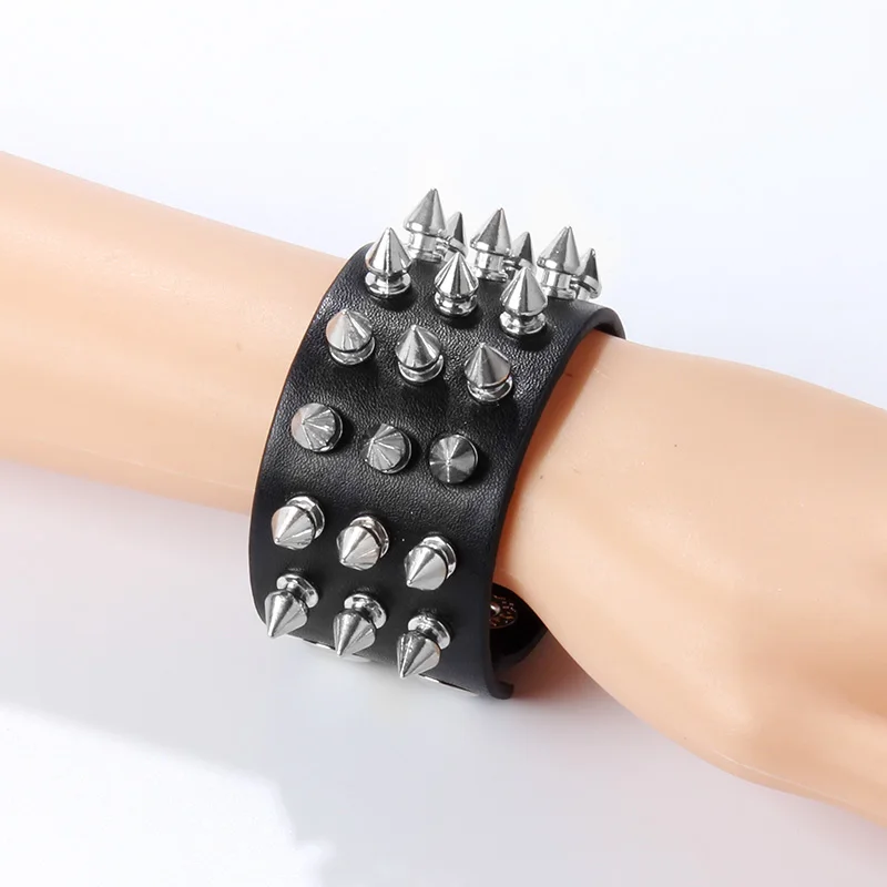 Унисекс браслет из Шипы и шипы четыре ряда широкие манжеты кожа панк готика рок