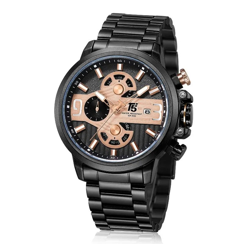 Black Rosegold T5 Топ бренд класса люкс розовое золото черный кварцевый хронограф мужские водонепроницаемые спортивные мужские s часы мужские часы Relogio Masculino наручные часы - Цвет: Black Rosegold
