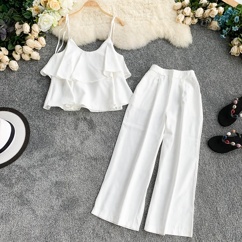 Женский винтажный Костюм двойка повседневный комплект из топа на бретельках с