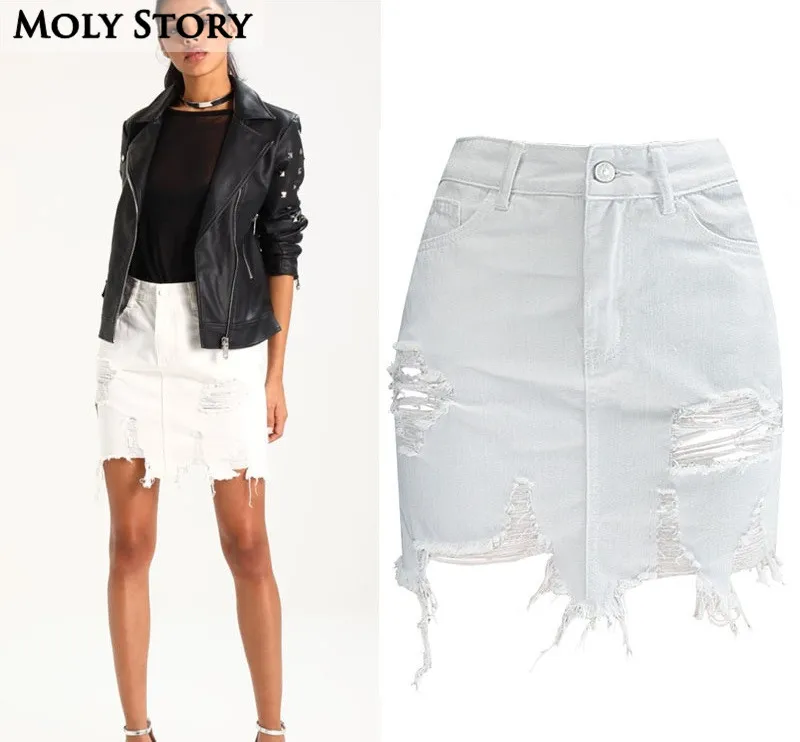 

Ripped White Jean Skirt Women Tassel Frayed High Waist Asymmetrical Denim Skirt Destroyed Plus Size Jupe Femme