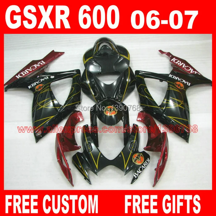 Обтекатели для SUZUKI GSXR 600 750 2006 2007 Черный Красный обтекатель BACARDI K6 gsxr600 HK30N 06 07 GSX R750