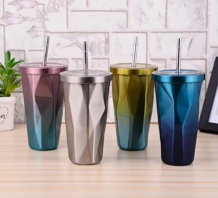 

Creative Coffee Mug With Straw 500ml Double Wall Stainless Steel Gradient Diamond Shaped Vacuum Insulation Bottle Tour SN1114