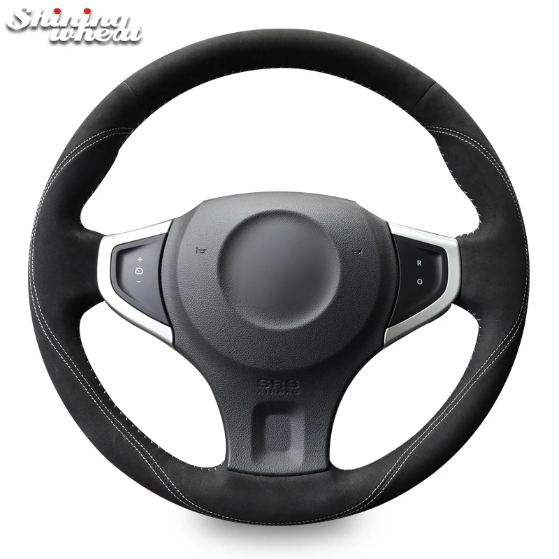 

Hand Sew Black Suede White Thread Car Steering Wheel Cover for Renault Koleos 2009-2014