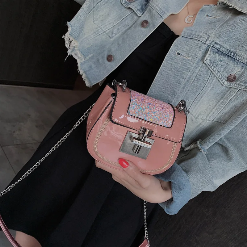 Fashion Sequined Shoulder Bag Quality Leather Chain Handbag Mini Saddle Bags Stitching Ladies Female Crossbody | Багаж и сумки