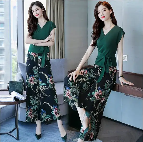 2018 new summer temperament was thin two-piece printing chiffon wide-leg pants casual fashion suit female big code tide | Женская одежда
