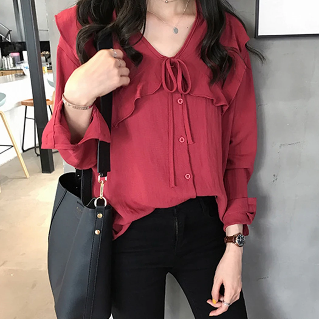 4XL Корейская Милая женская блузка с длинными рукавами и рюшами рубашка 2019