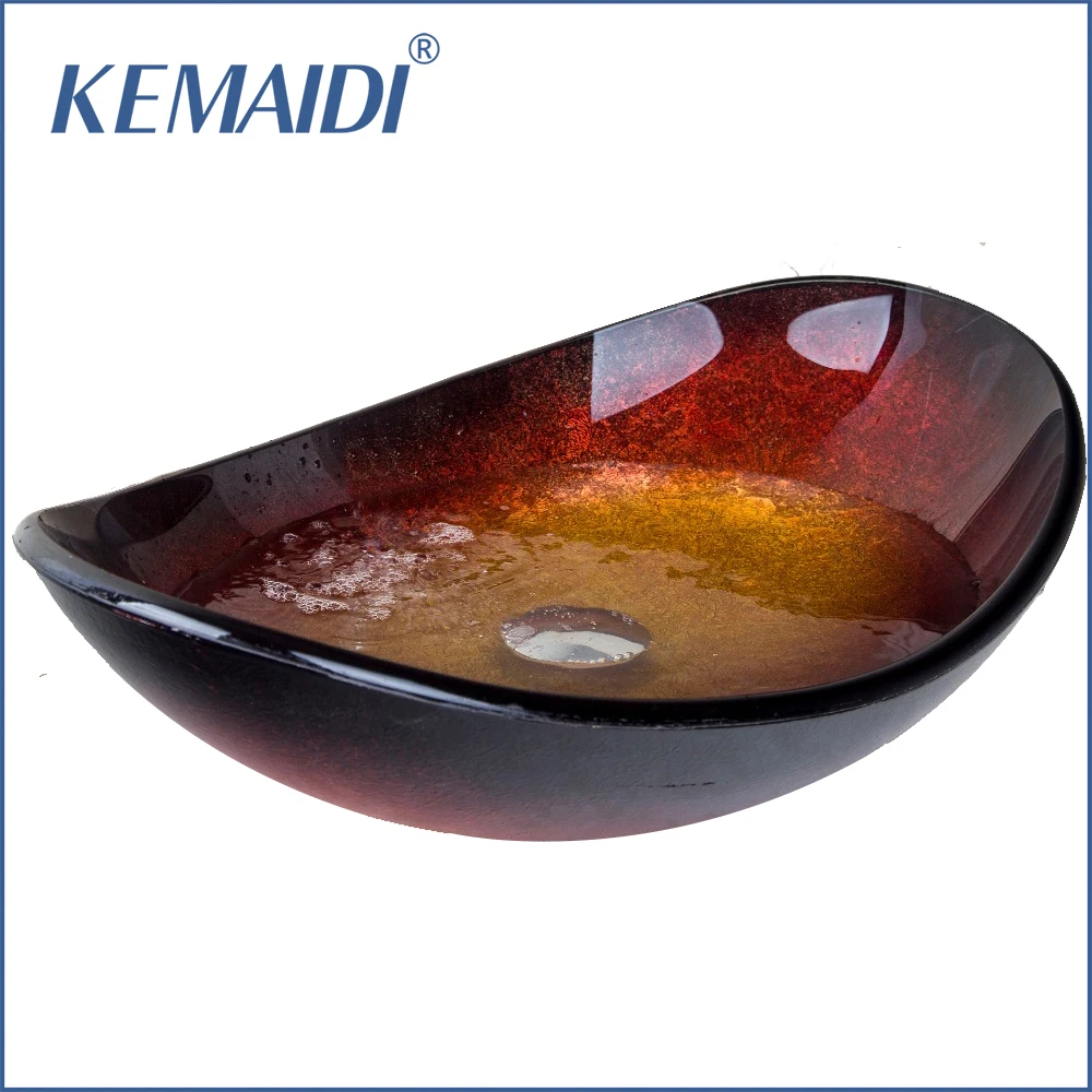 KEMAIDI Ванная комната овальный закаленное Стекло бассейна сосуд Vanity раковины с Pop Up Drain Ванная комната раковины кран