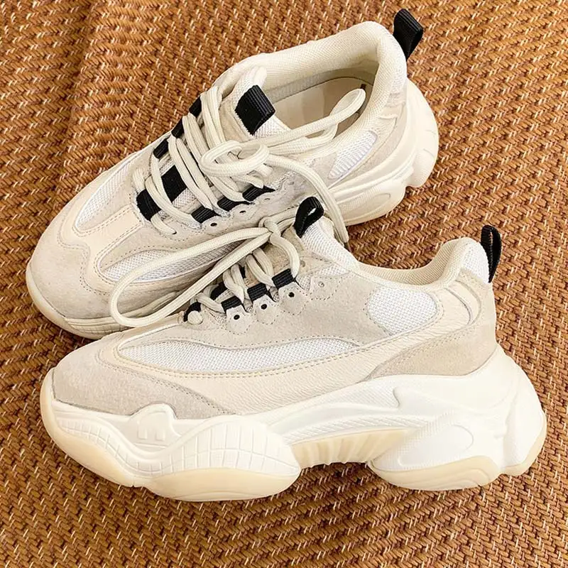 Кроссовки женские из натуральной кожи сетчатые на платформе толстая подошва