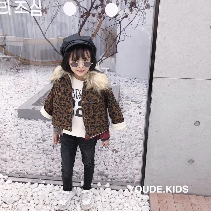 2018 winter new girls leopard lapel lambskin inner jacket fur collar short thick coat | Детская одежда и обувь