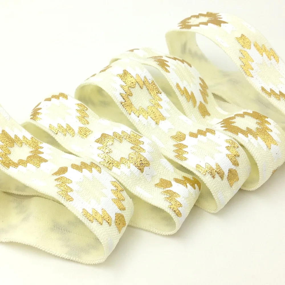 

5 Yards 5/8 inch Aztec White Gold Foil Stretchy High quality Fold Over Elastic Elastic for Baby Headbands and Hair Ties