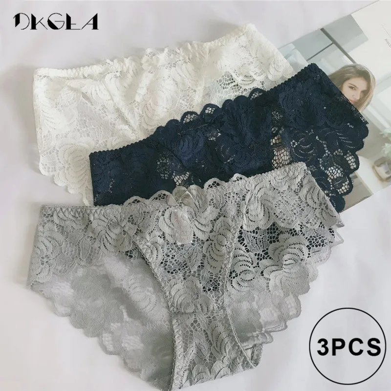White Blue Gray Сексуальные трусики 3 шт. Белый+ черный+ синий кружевное белье плюс размер невысокие трусики прозрачные женские трусы вышивка - Цвет: White Blue Gray