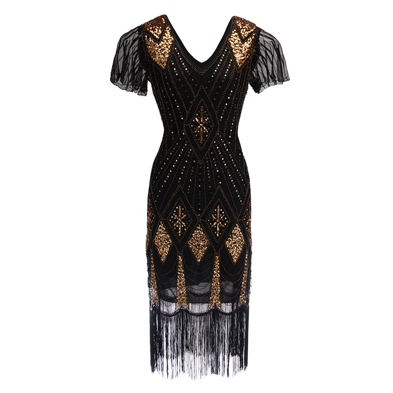 Украшенное бисером платье с блестками, платье Vestidos, женское платье 1920 s, винтажное платье с v-образным вырезом и рукавом-бабочкой, длинное платье Great Gatsby - Цвет: As shown