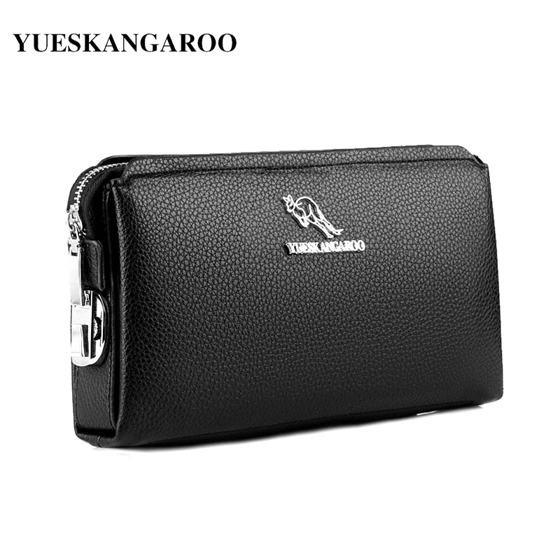 

YUES KANGAROO Famous Brand Men Clutch Bags Leather Purse Casual Long Phone Wallet Black Brown Male Handy Bags Masculina