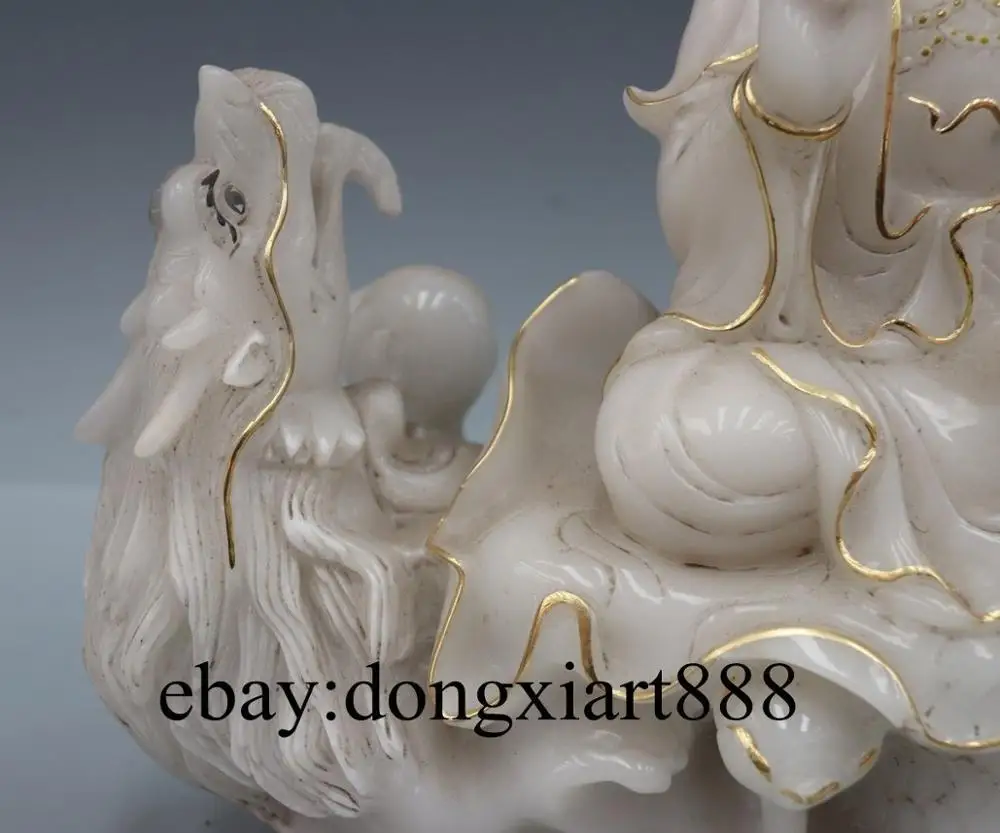 13&quot Chinese White Stone Jade Painted Dragon Kwan-yin Bodhisattva Guanyin Statue | Дом и сад