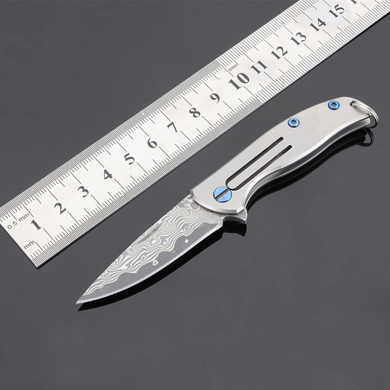 TAC-23 Outdoor titanium alloy knife handle folding field survival Damascus steel key chain fruit | Спорт и развлечения