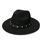 LUCKYLIANJIДетская винтажная Кепка в стиле ретро из 100% шерсти с широкими полями, фетровая Панама, джаз, шляпа-котелок, Бирюзовый кожаный ремешок (54 смрегулируется)