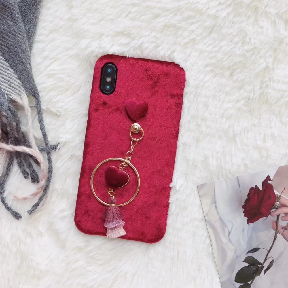 Zmasi Винтаж вельветовые мягкие cell чехол для iPhone X 8 6 6S 7 плюс сердце Ленточки кулон