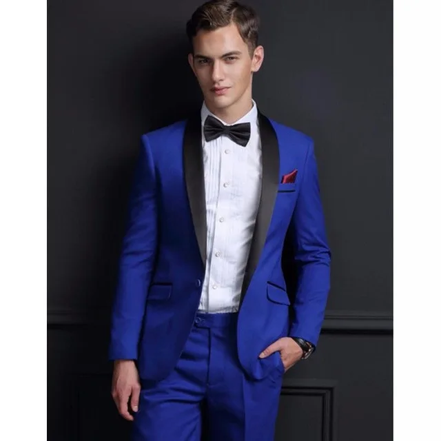 2019 Custom Made Mens Suits Shawl Lapel Slim Fit Formal Best Man Tuxedo Jackets 2 Piece Sets Royal Blue Fashion Wedding Suits