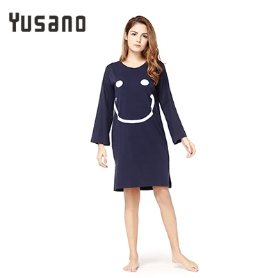 Dark Blue Yusano/женская ночная рубашка; Хлопковое платье для сна; ночная рубашка с длинными рукавами; сезон зима-осень; ночная рубашка с рисунком; повседневная домашняя одежда - Цвет: Dark Blue