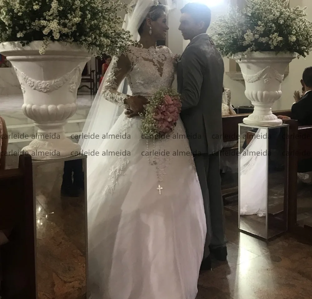 Vestido de noiva одежда с длинным рукавом бальное платье свадебное кружевом жемчугом