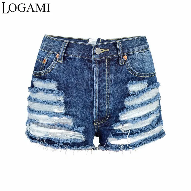 Женские джинсовые шорты LOGAMI рваные с высокой талией и молнией сзади летние из