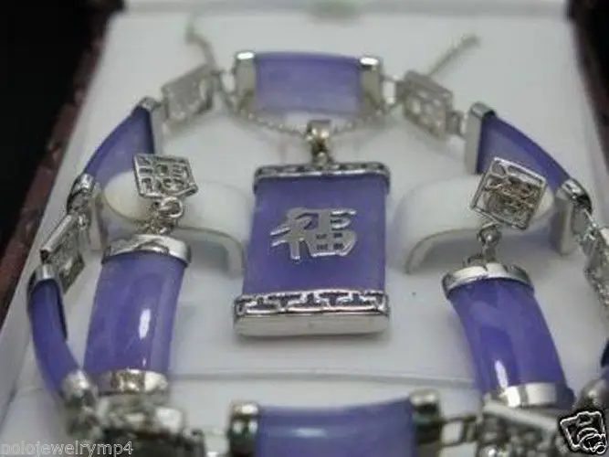 Новый посеребренный Фиолетовый Нефритовый Кулон Errings Набор браслетов + цепочка *