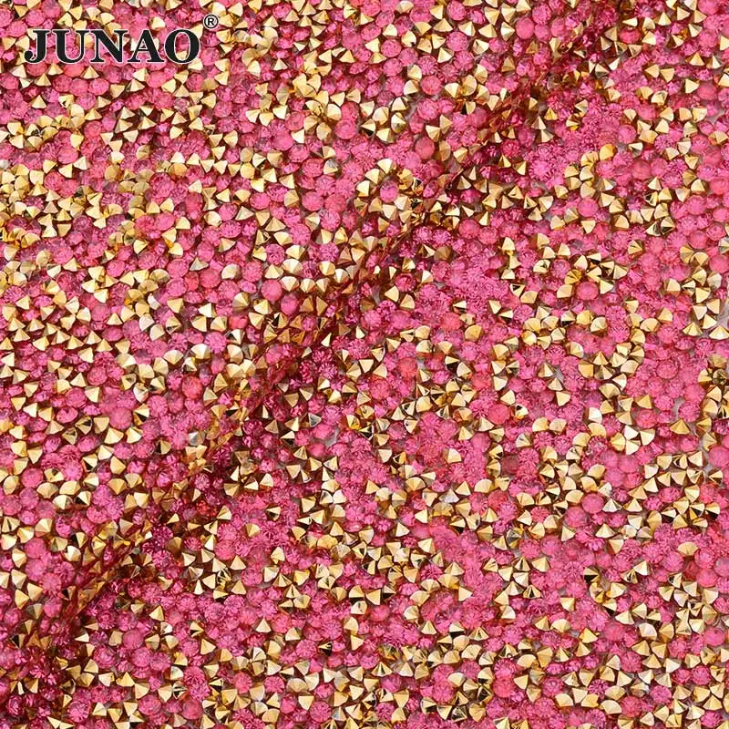 Gold Red JUNAO, 24*40 см, самоклеющиеся стразы, отделка, ткань, лист, Золотой Кристалл, аппликация, железо на прозрачной сетке, полимерные стразы, лента - Цвет: Gold Red