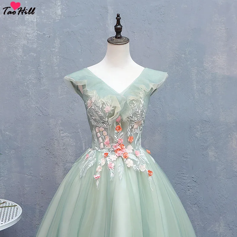 

TaoHill Elegant Green Gowns Prom Dress V-neck Lace Applique with handmade Flowers Vintage Flowers Short Evening Gown