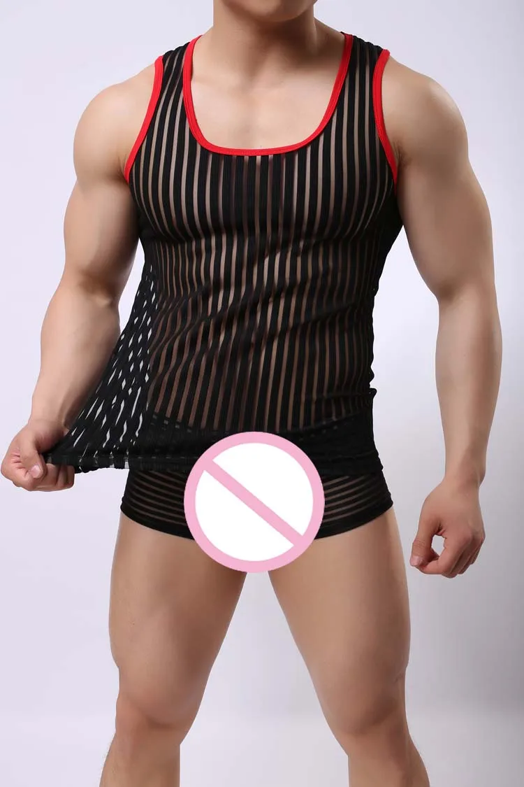 Для мужчин пикантные Бодибилдинг майка весело дышащий полосатый Camiseta Tirantes Hombre майки прозрачной сетки топы