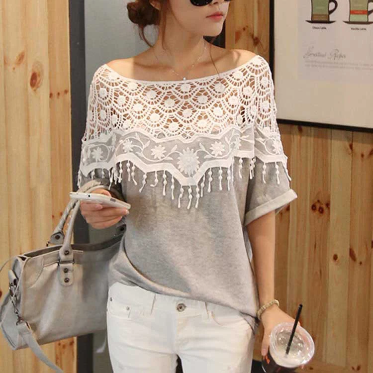 Новинка ажурная женская футболка с кружевами вырезом лодочкой кисточками