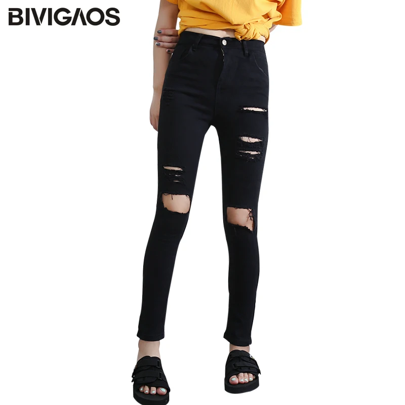 BIVIGAOS Женские повседневные модные рваные джинсы черного цвета с высокой талией