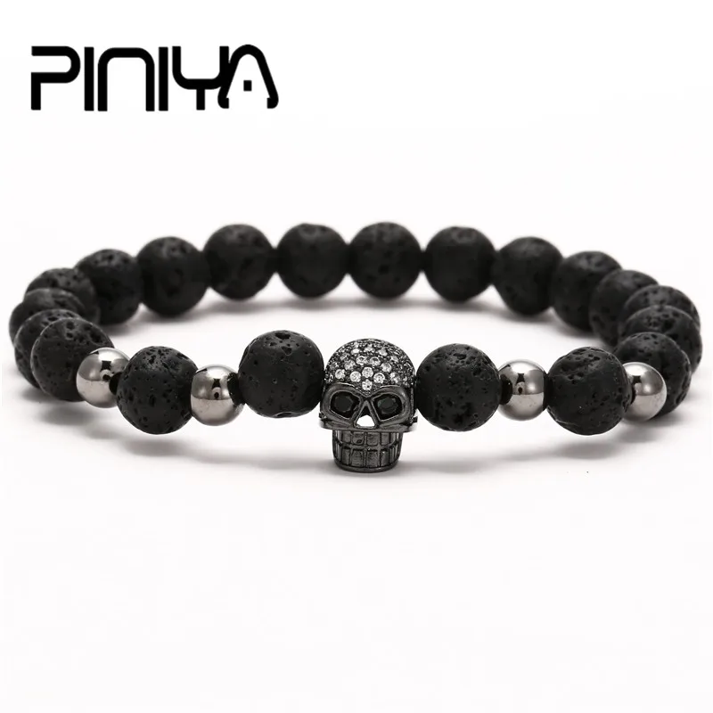 Мужской браслет с черепом фианитами в черных глазах 8 мм бусины из лавового камня