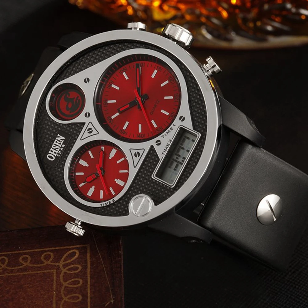 Мужские кварцевые часы Ohsen красные цифровые с силиконовым ремешком и дисплеем 50 м