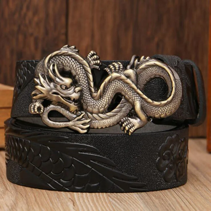Ремень мужской из натуральной воловьей кожи дизайнерский пояс с драконом