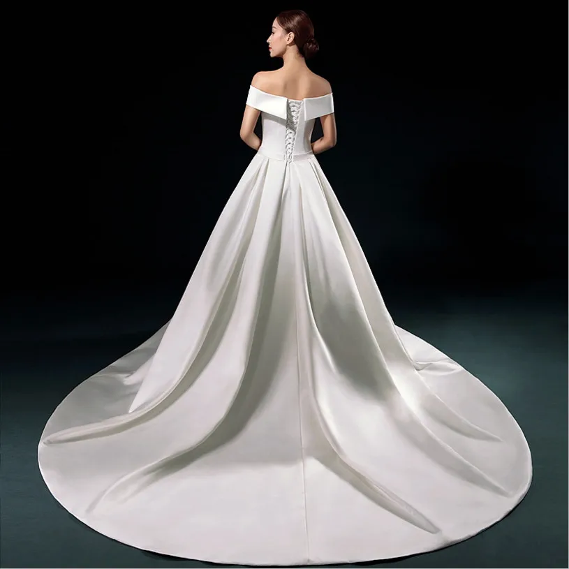 Простое Элегантное свадебное платье со шлейфом винтажное атласное с вырезом