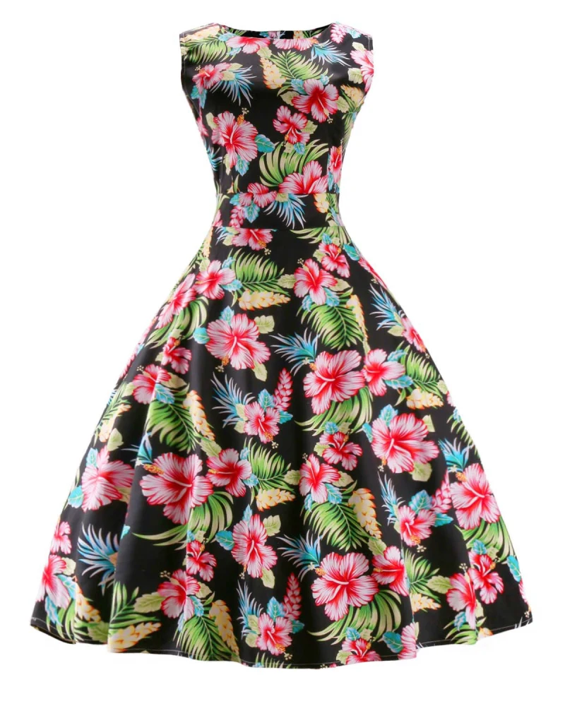 

2017 New Fashion Round collar sleeveless printing belt dress restoring ancient style Free Shipping