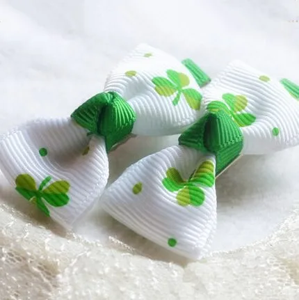 

300pcs/lot Small St. Patrick's Day Bow Good Luck Four Leaf Clover Printed Ribbon Hairbows