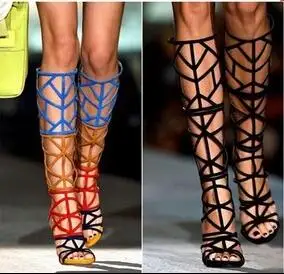 Top Quality Fashion Black Suede Leather Cage Boots Cut-out Peep Toe Gladiator Sandals Boot For Women Free Ship