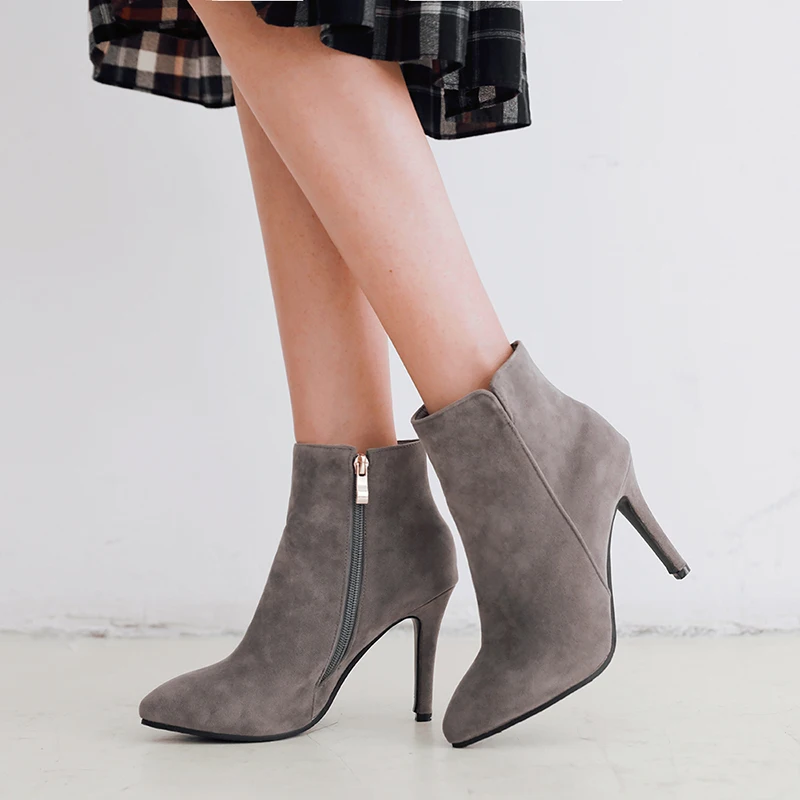 

WETKISS High Heels Ankle Women Boots Pointed Toe Footwear Flock Female Boot Zip Party Shoes Woman 2018 Winter Plus Size 34-47