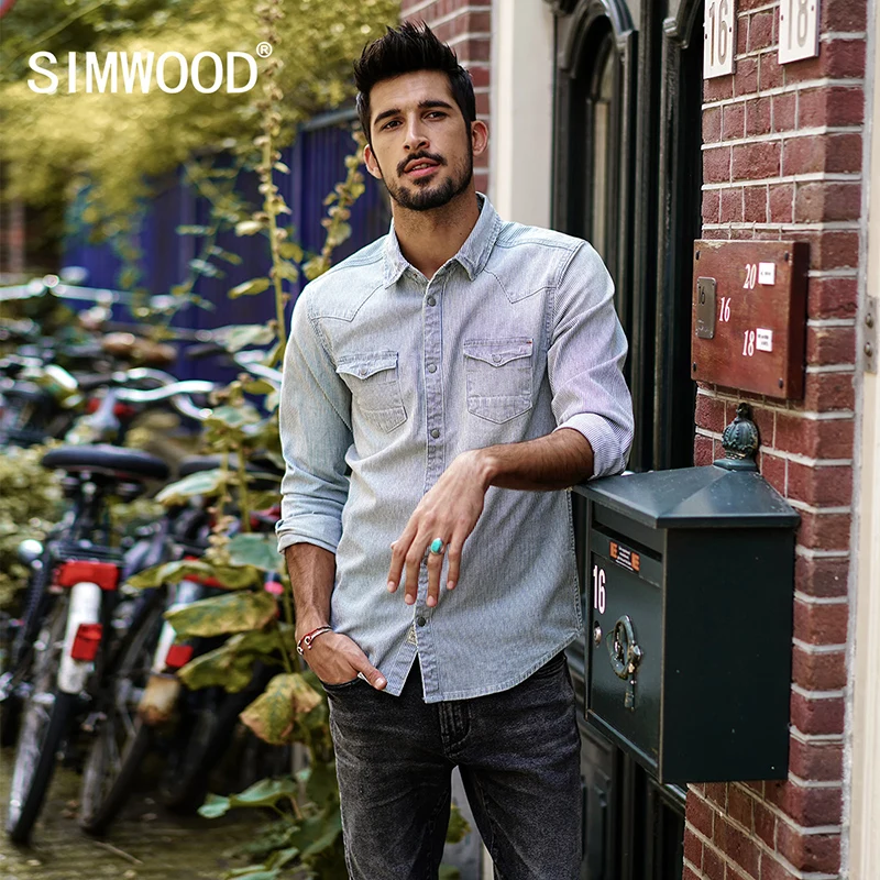 SIMWOOD 2019 бренд рубашки домашние муж. для мужчин Slim Fit весна новая джинсовая рубашка