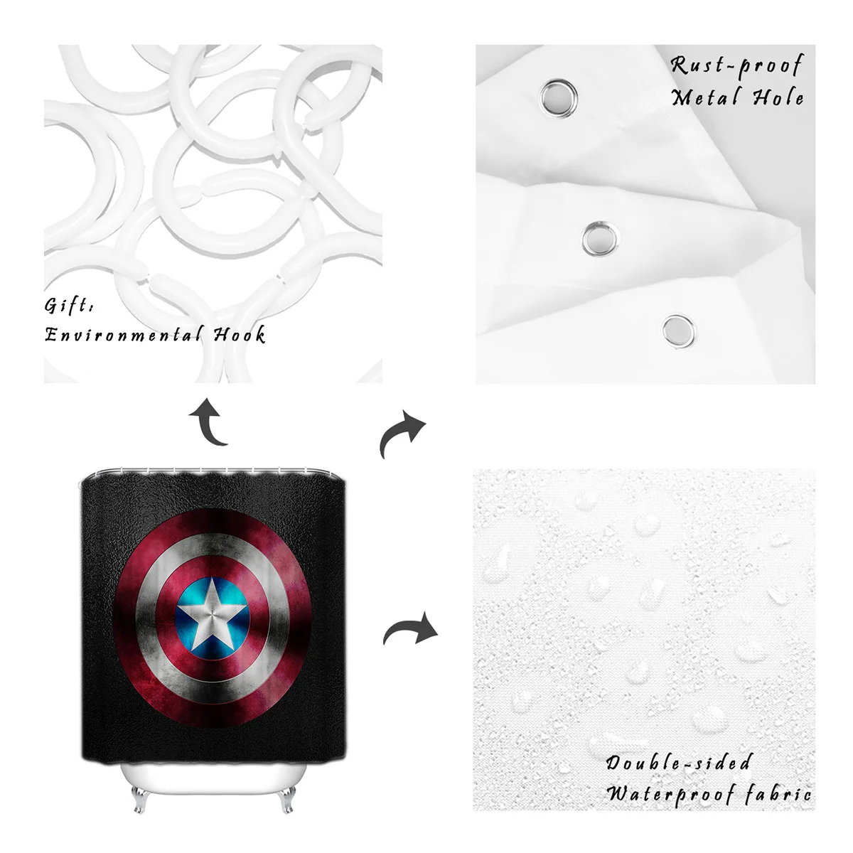 Супергерой кино Капитан Америка щит логотип Душ шторы коврики полиэстер ткань с 12 Крючки водостойкий
