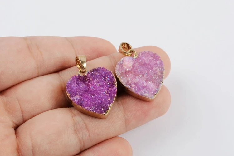 BOROSA 10 шт. Подвески в виде РОЗОВОГО СЕРДЦА Drusy натуральный кулон agates Druzy Титан AB фиолетовая любовь позолоченный кулон для ожерелья подарки для девочек G1829