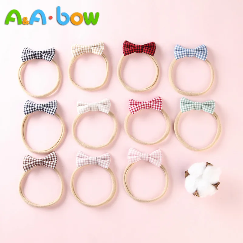 11 pcs/lot Baby Girls Plaid Hair Bow Nylon headband Hand Tied School Girl Headbands Soft Elastic Accessory | Детская одежда и