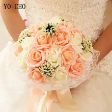 YO CHO-ramo de novia para dama de honor, flor Artificial de PE, rosa, Perla falsa, rosa, suministros de boda, decoraciones para Festival