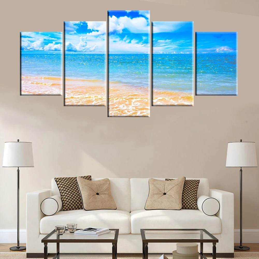 Модульные картины из 5 предметов парусиновые для гостиной с HD принтами голубым