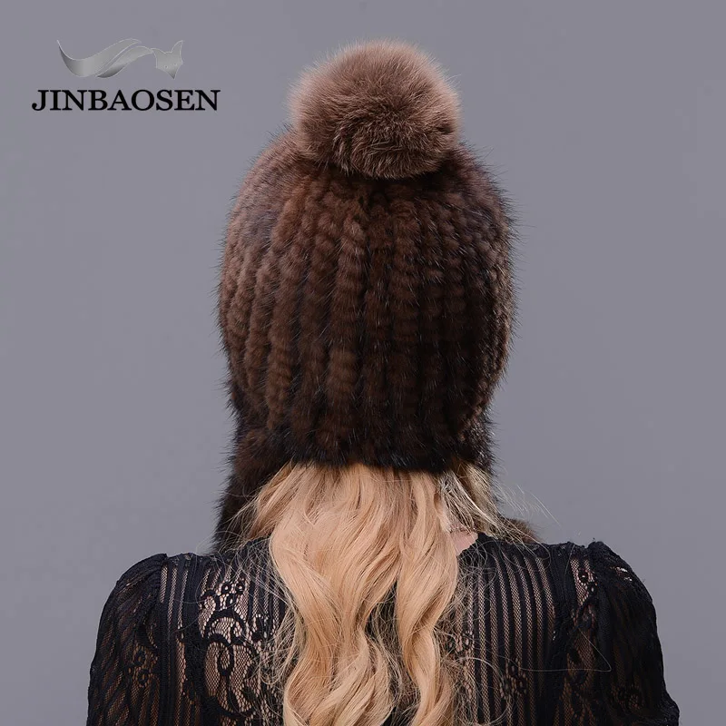 JINBAOSEN натуральная норковая шапка Rex женская зимняя Толстая теплая Модная вязаная