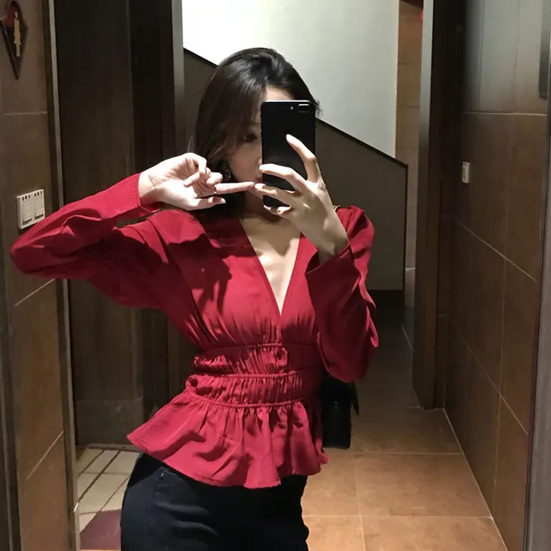 Баской ASOS топы для Для женщин 2018 Новая мода Тонкий Блузка с длинными рукавами