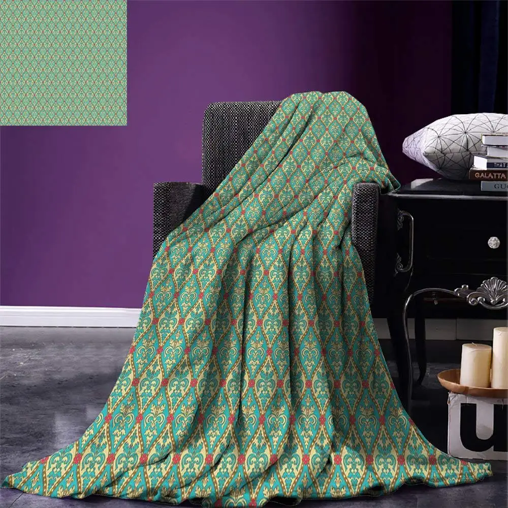 Christmas Turquoise Throw Blanket Vintage Oval Shapes Floral Leaves Arrangement Flourishing Nature Illustration Home Blanket