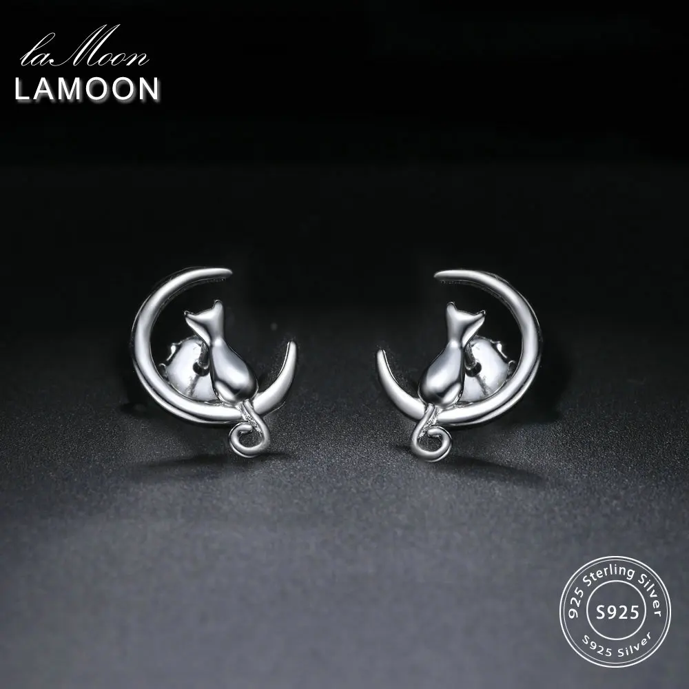 Ламон полированные серьги гвоздики в форме Луны и кошки из 100% стерлингового